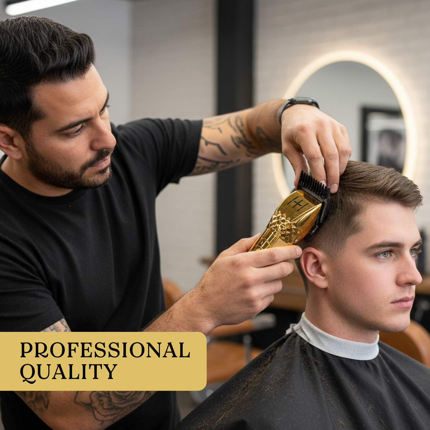 Barber using gold Hot & Hotter professional cordless clipper for a precise haircut on young man in salon chair