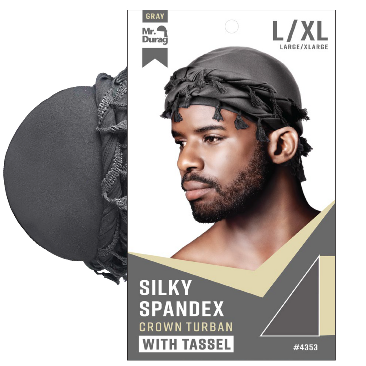Mr. Durag Silky Spandex Crown Turban with Tassel L/XL in gray worn by man showing side profile