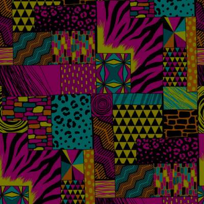 Abstract patchwork pattern with geometric shapes and animal print textures in vibrant colors
