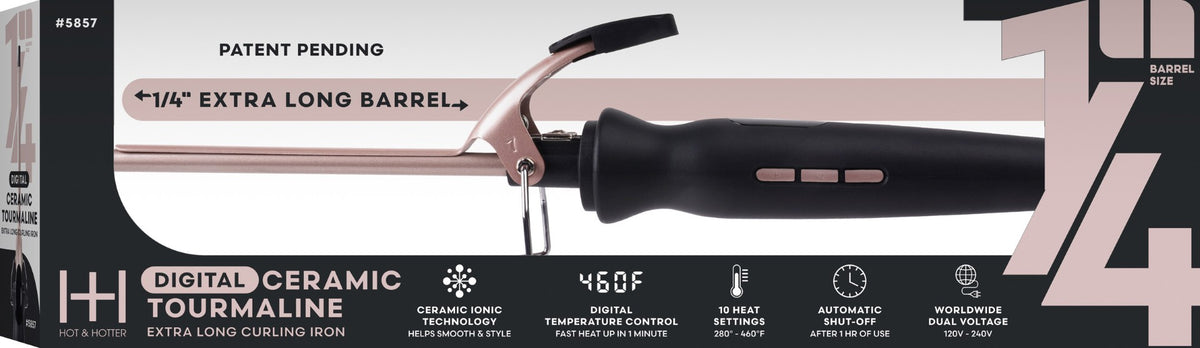  DIGITAL CERAMIC TOURMALINE 1/4 extra long barrel curling iron in rose gold and black, shown in its retail packaging with feature icons.