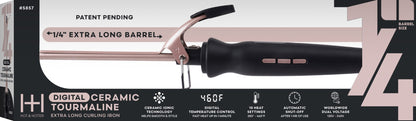  DIGITAL CERAMIC TOURMALINE 1/4 extra long barrel curling iron in rose gold and black, shown in its retail packaging with feature icons.