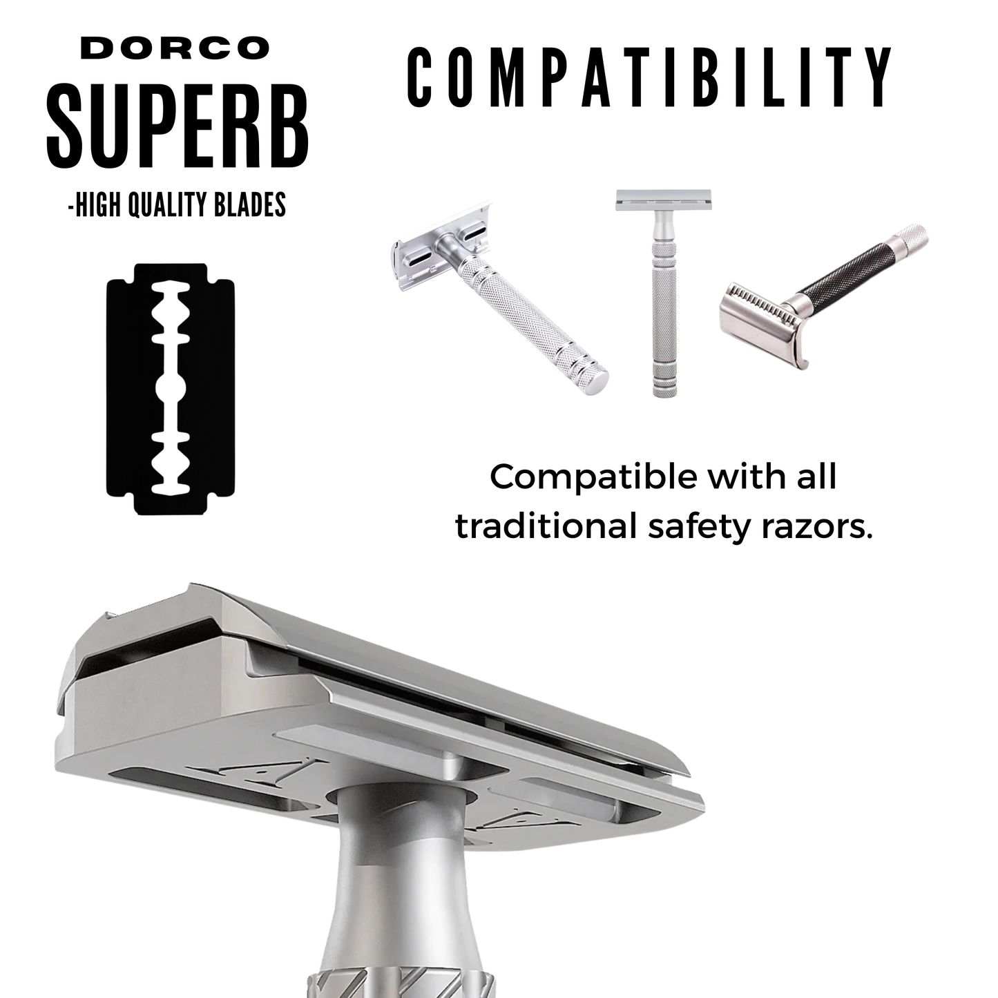 Dorco Superb stainless steel razor blade shown with three traditional safety razors highlighting universal compatibility