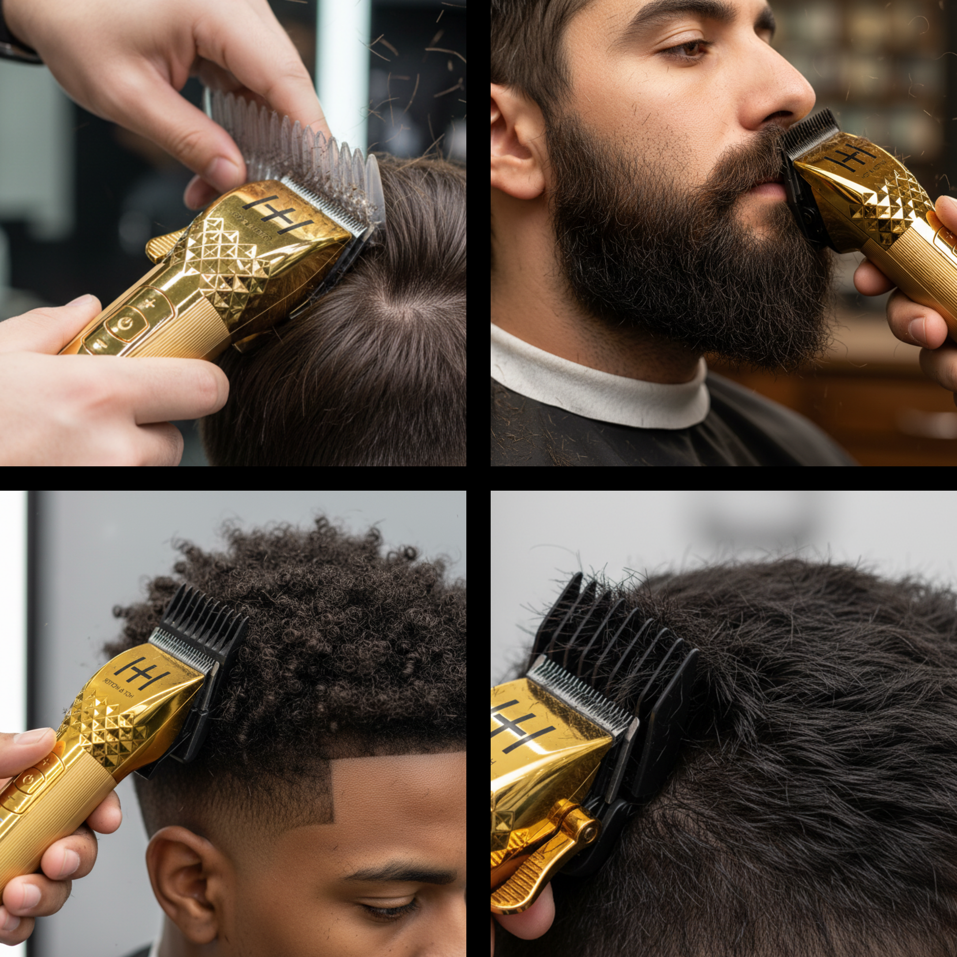 Collage showing gold Hot & Hotter professional lithium cordless clipper trimming hair and beard with guide combs in use