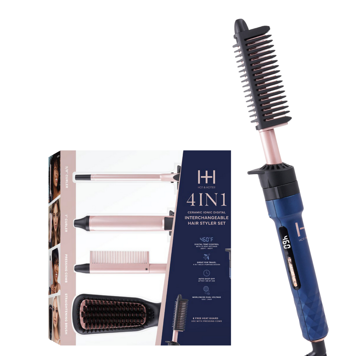 Hot & Hotter 4-in-1 ceramic ionic digital hair styler set with interchangeable blue handle and four styling attachments