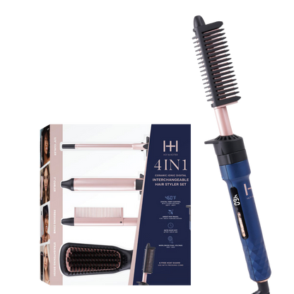 Hot & Hotter 4-in-1 ceramic ionic digital hair styler set with interchangeable blue handle and four styling attachments