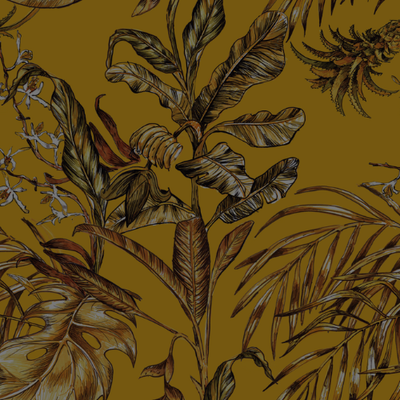 Detailed botanical illustration of various tropical leaves and plants on a muted mustard yellow background