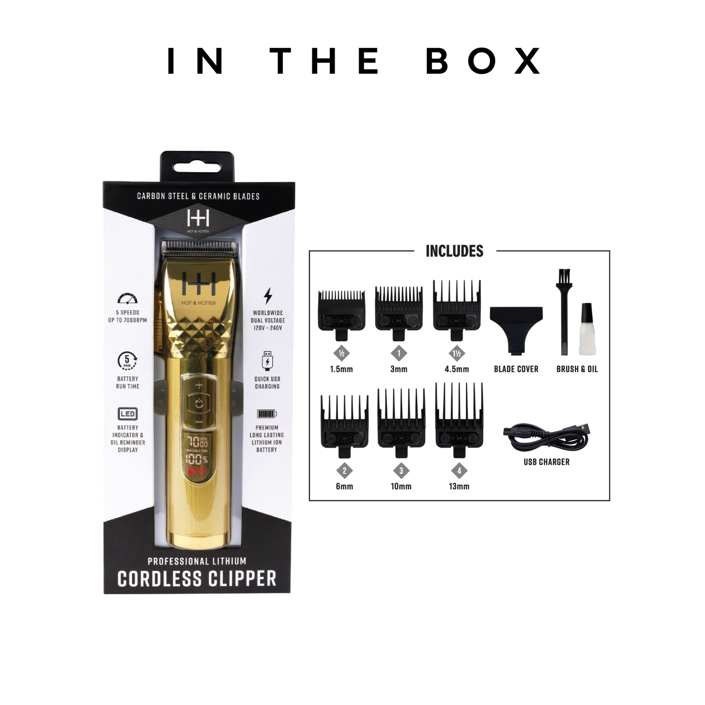 Gold Hot & Hotter professional cordless clipper with six guide combs, blade cover, cleaning brush, oil, and USB charger included