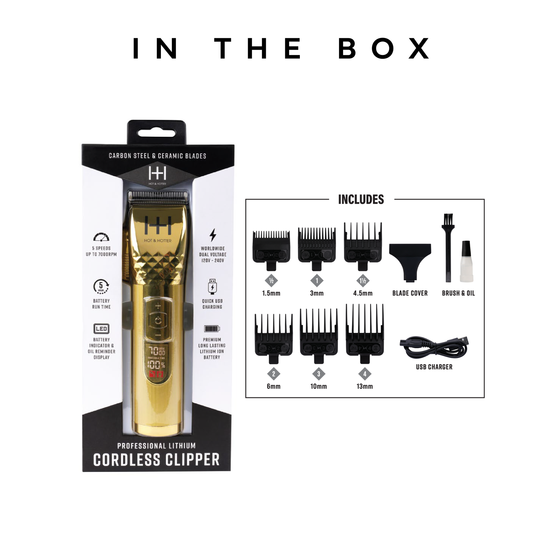 Gold Hot & Hotter professional cordless clipper with six guide combs, blade cover, cleaning brush, oil, and USB charger included
