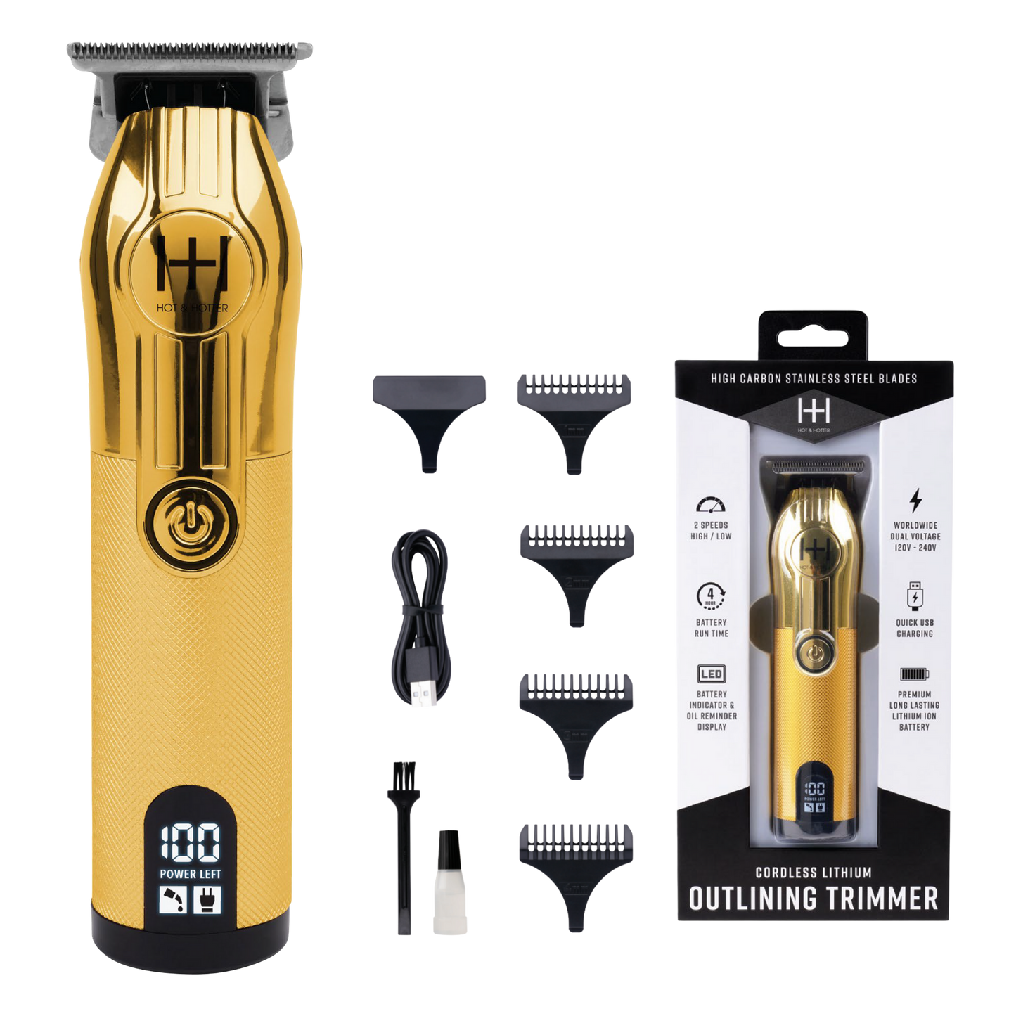 Gold Hot & Hotter cordless lithium outlining trimmer with digital power display, five guide combs, and USB charging cable
