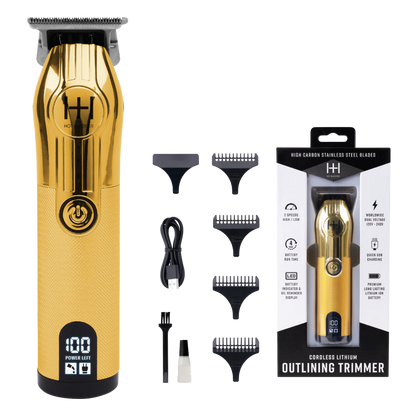 Gold Hot & Hotter cordless lithium outlining trimmer with digital power display, five guide combs, and USB charging cable