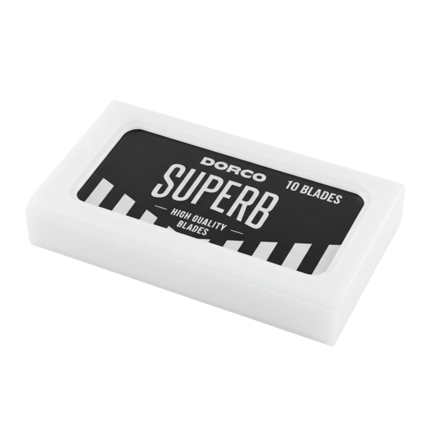 Dorco Superb 10-count premium stainless steel razor blades in a white protective display case with bold black label design