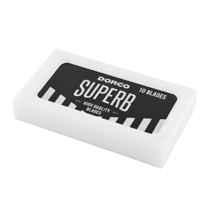 Dorco Superb 10-count premium stainless steel razor blades in a white protective display case with bold black label design