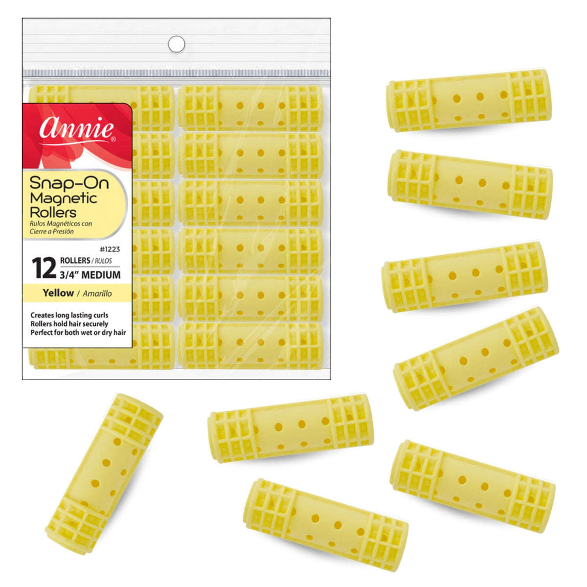 Annie Snap-On Magnetic Rollers #1223 – Yellow, Medium, 3/4", 12 Count