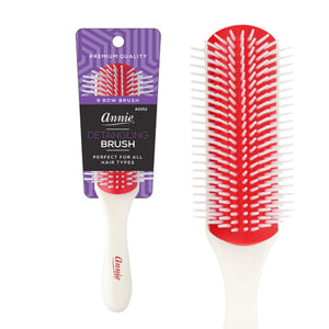 Annie Ergo Rubber Cushion Detangling Brush 9 Row with flexible nylon bristles and ergonomic rubber grip for all hair types.