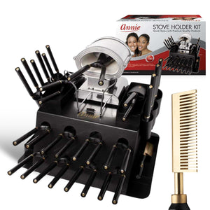 Annie Professional Thermal Curling Iron Holder Kit - Black with multiple curling irons and comb for styling.