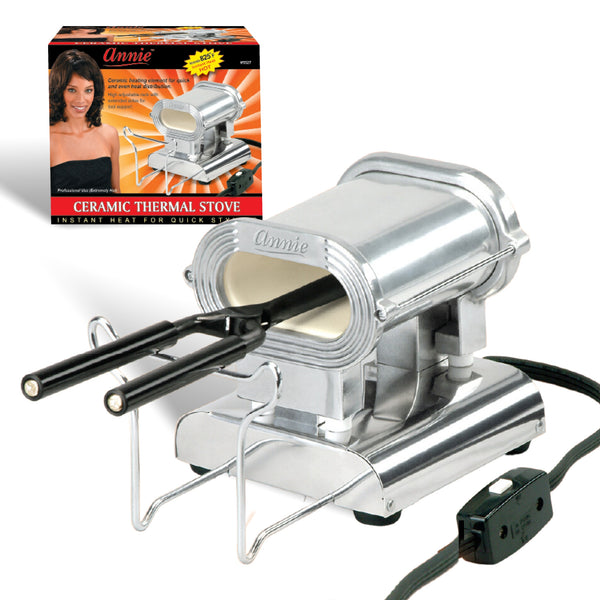 Annie Ceramic Thermal Stove - Small, Silver with curling irons inserted, showing compact professional heat tool station.