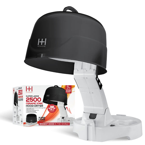 Hot & Hotter Large Hood Dryer, 1 Count portable salon hair dryer with super large black hood and adjustable white stand.