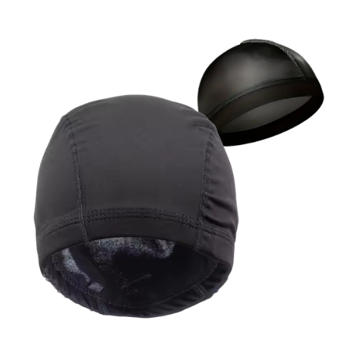 Two black fitted caps with visible stitching, one showing interior mesh lining and the other floating above on white background