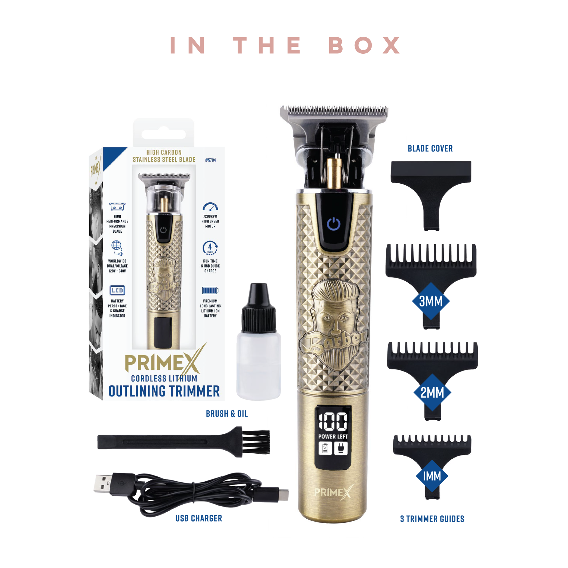 PrimeX cordless lithium outlining barber trimmer in brass with box, USB charger, brush, oil, blade cover, and three trimmer guides