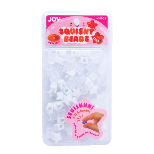 Package of 60 white and clear star-shaped squishy beads for braids and locs, soft, flexible, and lightweight hair accessories