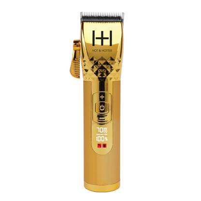 Gold Hot & Hotter professional lithium cordless clipper with digital display and textured grip shown on white background