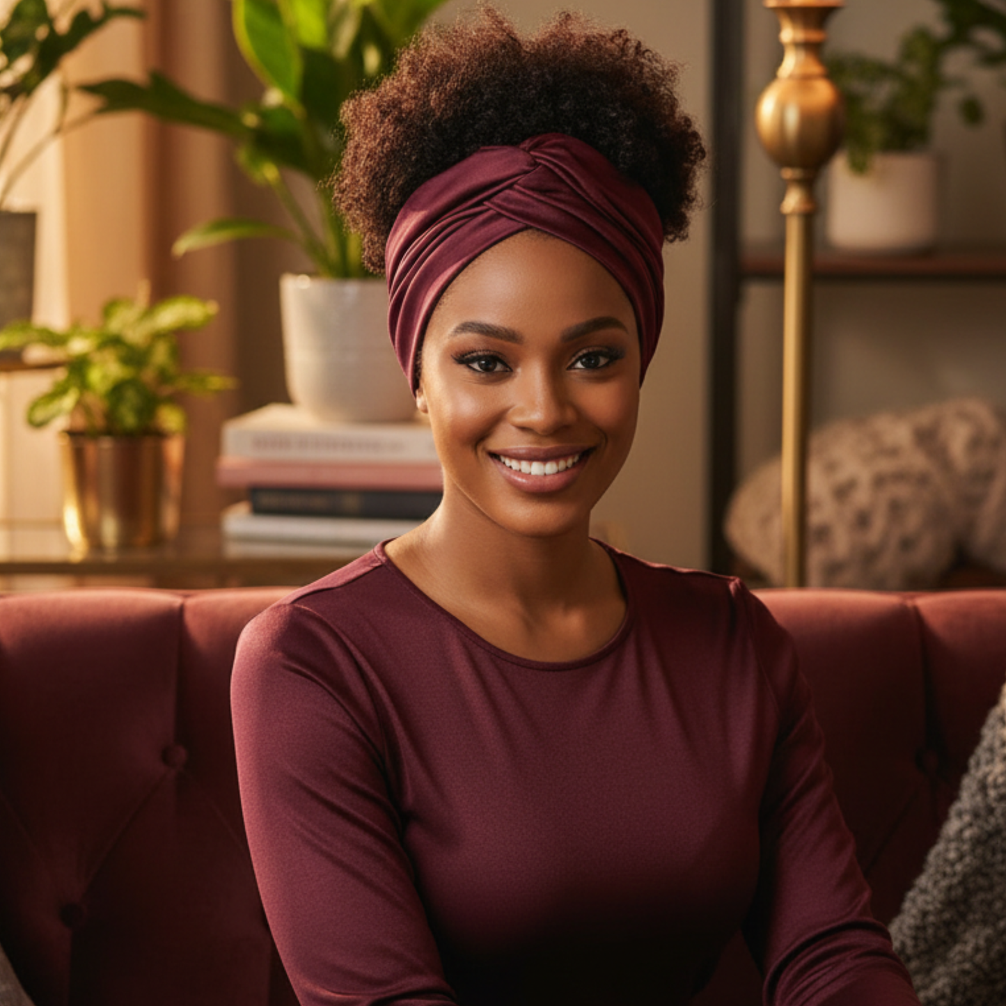 Ms. Remi Effortless Turban Scarf Open Top, Burgundy & Olive