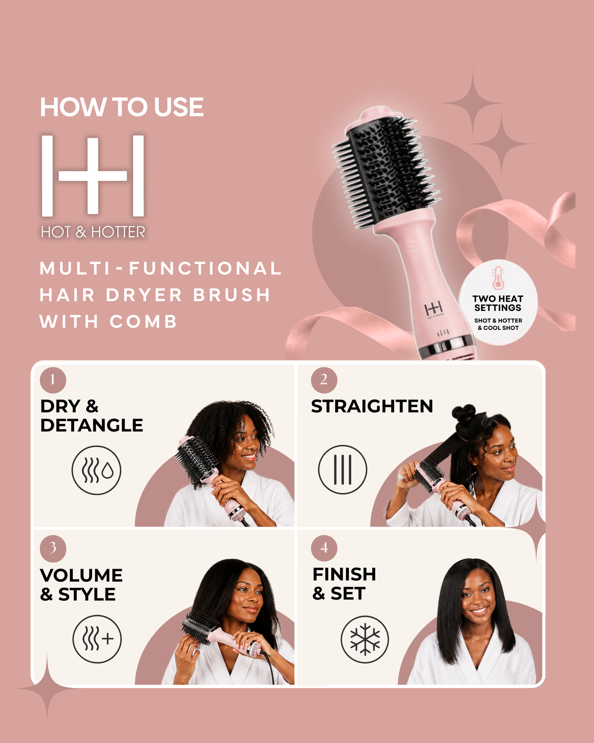 Hot & Hotter Multi-Functional Hair Dryer Brush with Comb, Pink