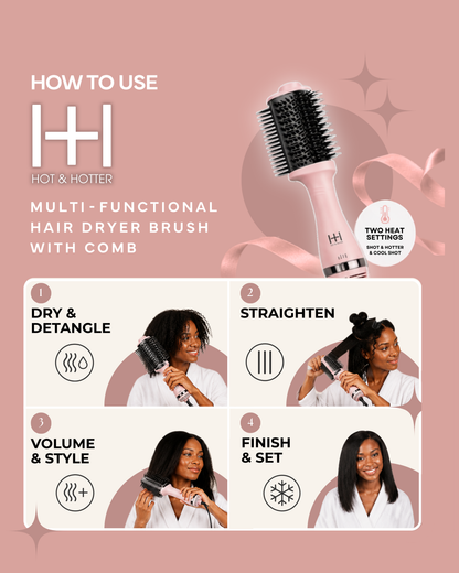 Hot & Hotter Multi-Functional Hair Dryer Brush with Comb, Pink