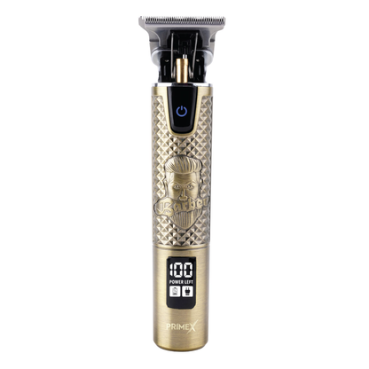 PrimeX cordless lithium barber trimmer with gold textured body, digital display, and high carbon stainless steel blade on white background
