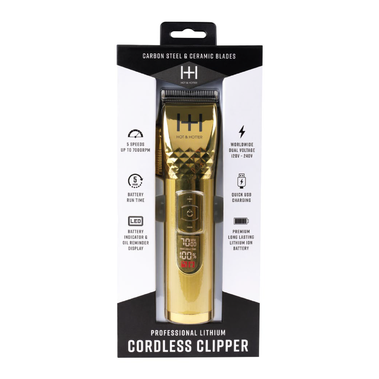 Gold Hot & Hotter professional cordless clipper with digital display and carbon steel blade in retail packaging