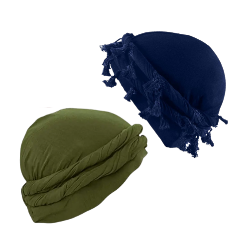Two folded fabric headwraps, one olive green with twisted detail, and one navy blue with decorative tassels