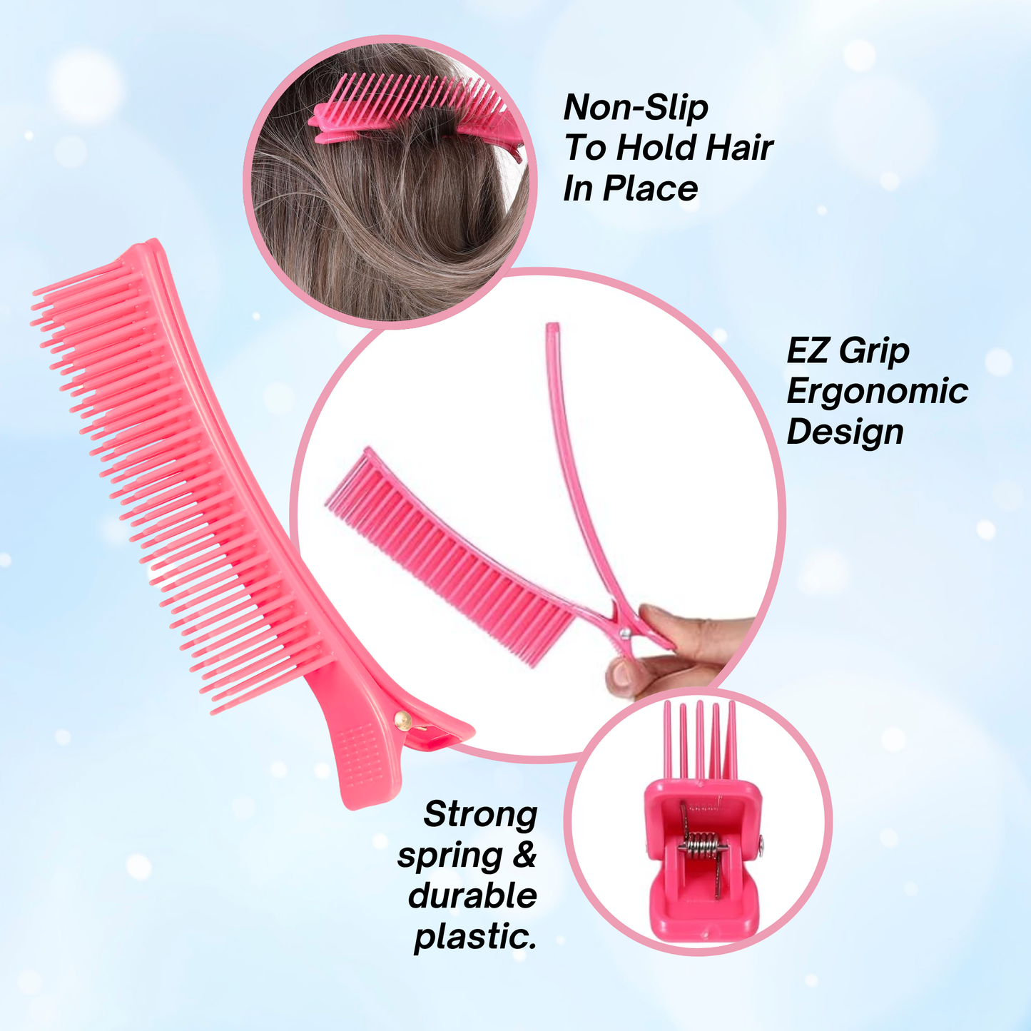 Pink Annie sectioning comb grip clip showing ergonomic design, strong spring, durable plastic, and non-slip grip on hair