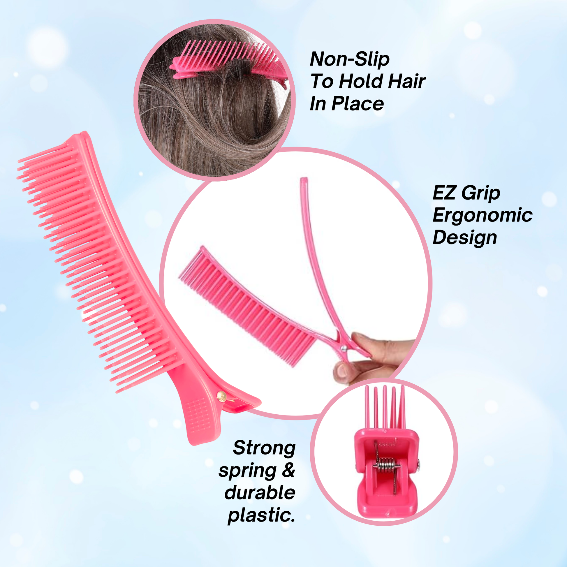 Pink Annie sectioning comb grip clip showing ergonomic design, strong spring, durable plastic, and non-slip grip on hair