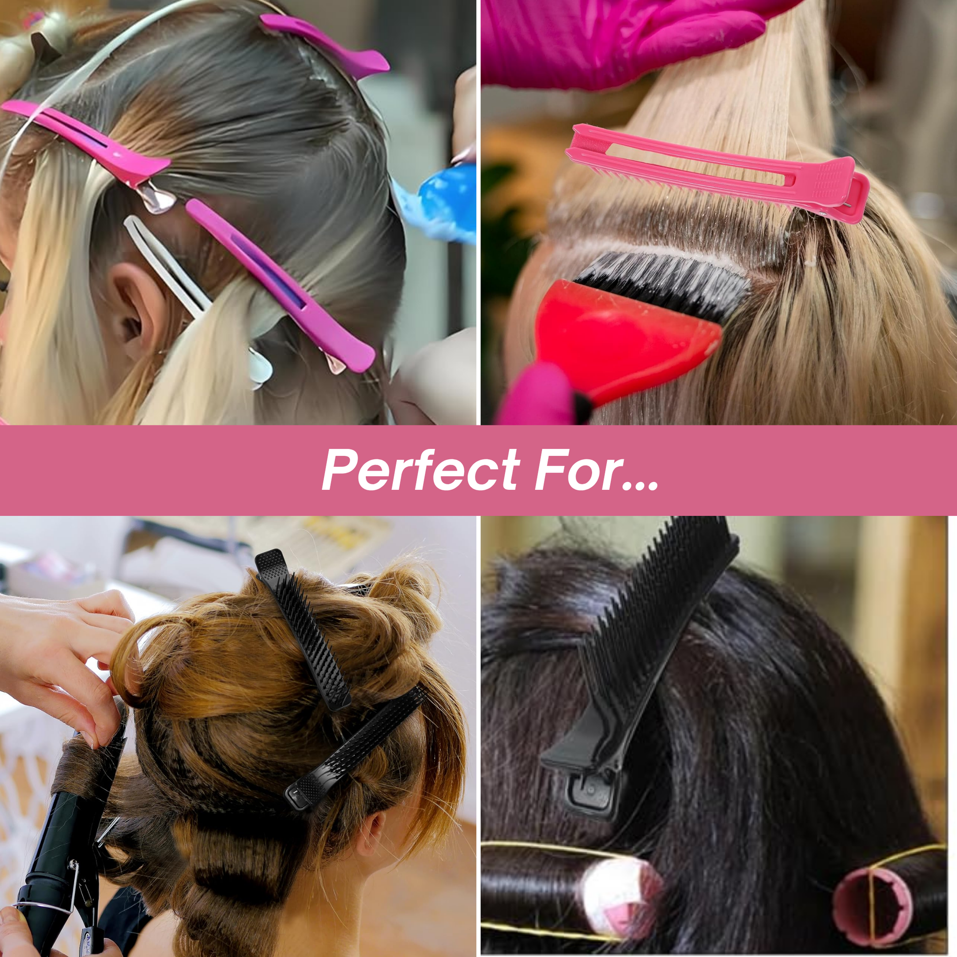 Annie sectioning comb grip clips in pink and purple used to separate and style hair during salon treatments.