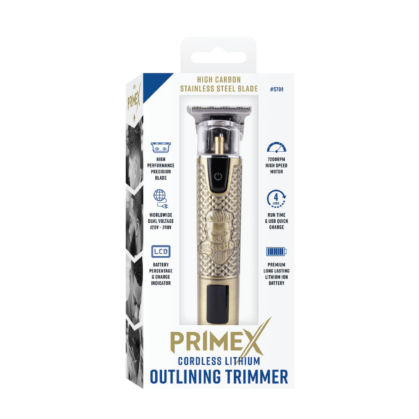 PrimeX cordless lithium outlining barber trimmer with high carbon stainless steel blade in gold and black packaging