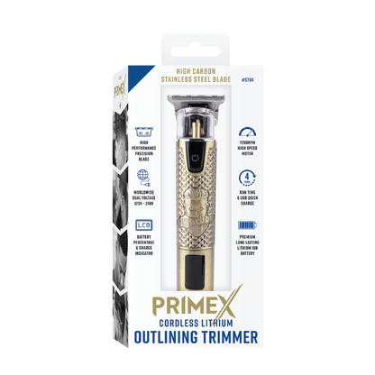 PrimeX cordless lithium outlining barber trimmer with high carbon stainless steel blade in gold and black packaging