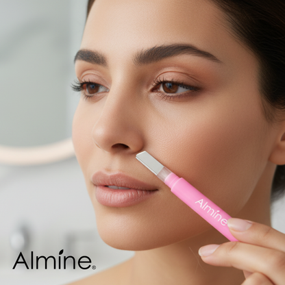 Woman using pink Almine dual-ended precision razor to gently remove facial hair near upper lip in bright bathroom setting