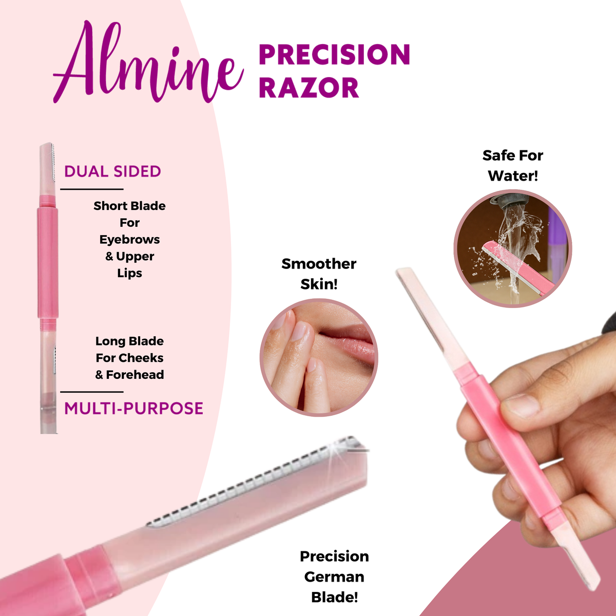 Three-piece set of dual-ended precision razors in pink with short and long blades for facial grooming