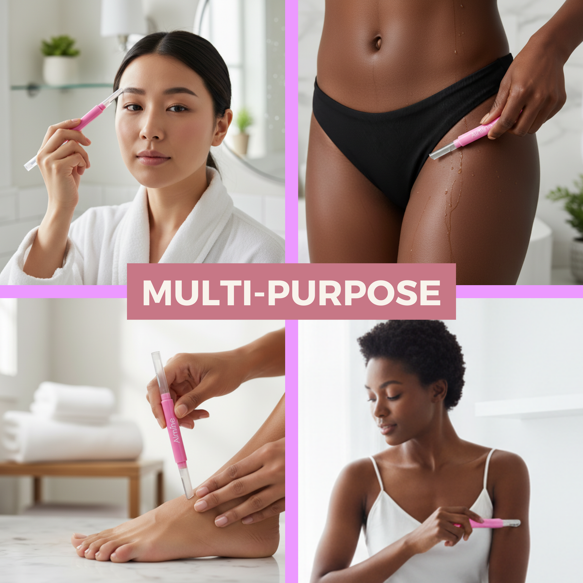 Collage showing diverse women using pink Almine dual-ended razors for precise grooming on eyebrows, legs, feet, and arms