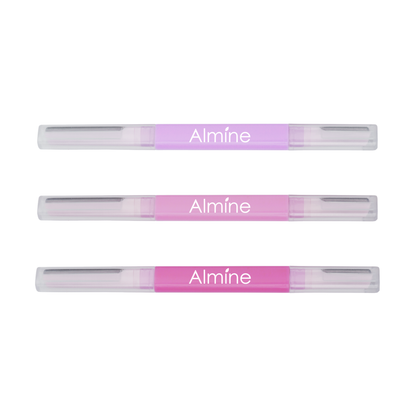 Three slim dual-ended Almine precision eyebrow razors in varying shades of purple with protective caps aligned vertically on white background