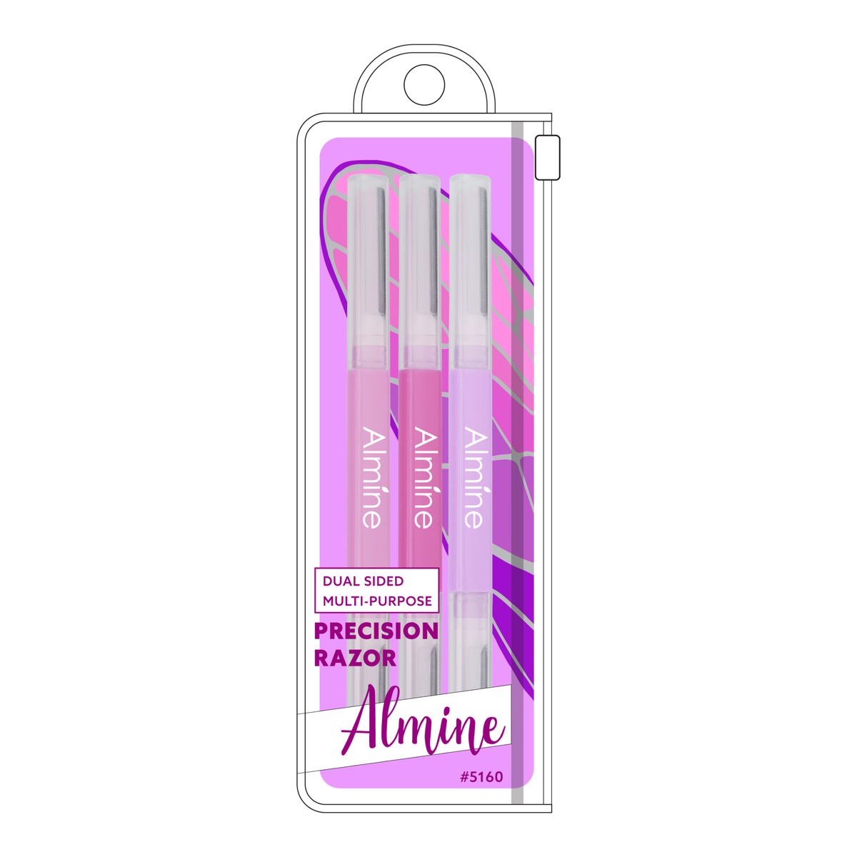 Set of three dual-ended Almine precision razors in varying shades of pink packaged in clear plastic with purple accent background