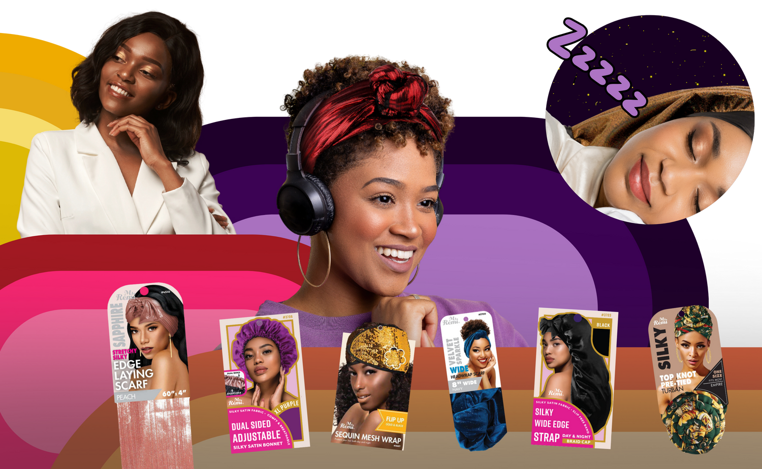 Collage of diverse women wearing various hair wraps and headscarves with vibrant colorful background and relaxed expressions