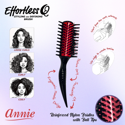 Annie Effortless Q Style & Define Brush Reinforced Bristles, 1 Count, Assorted Colors featuring a black handle with reinforced nylon bristles with ball tips, designed for styling loose curls, curly, and coily hair with ergonomic grip and sectioning tail.