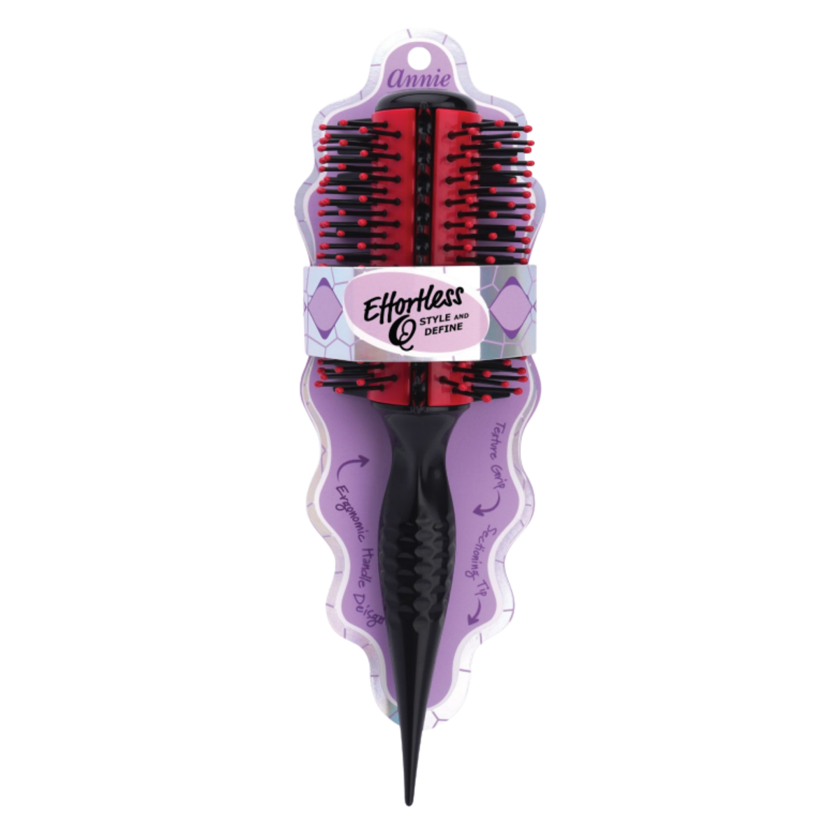 Annie Effortless Q Style & Define Brush Reinforced Bristles, 1 Count, Assorted Colors featuring a black ergonomic handle with a pointed tail and dual-sided red cushioned nylon bristle pads for styling and defining textured hair.