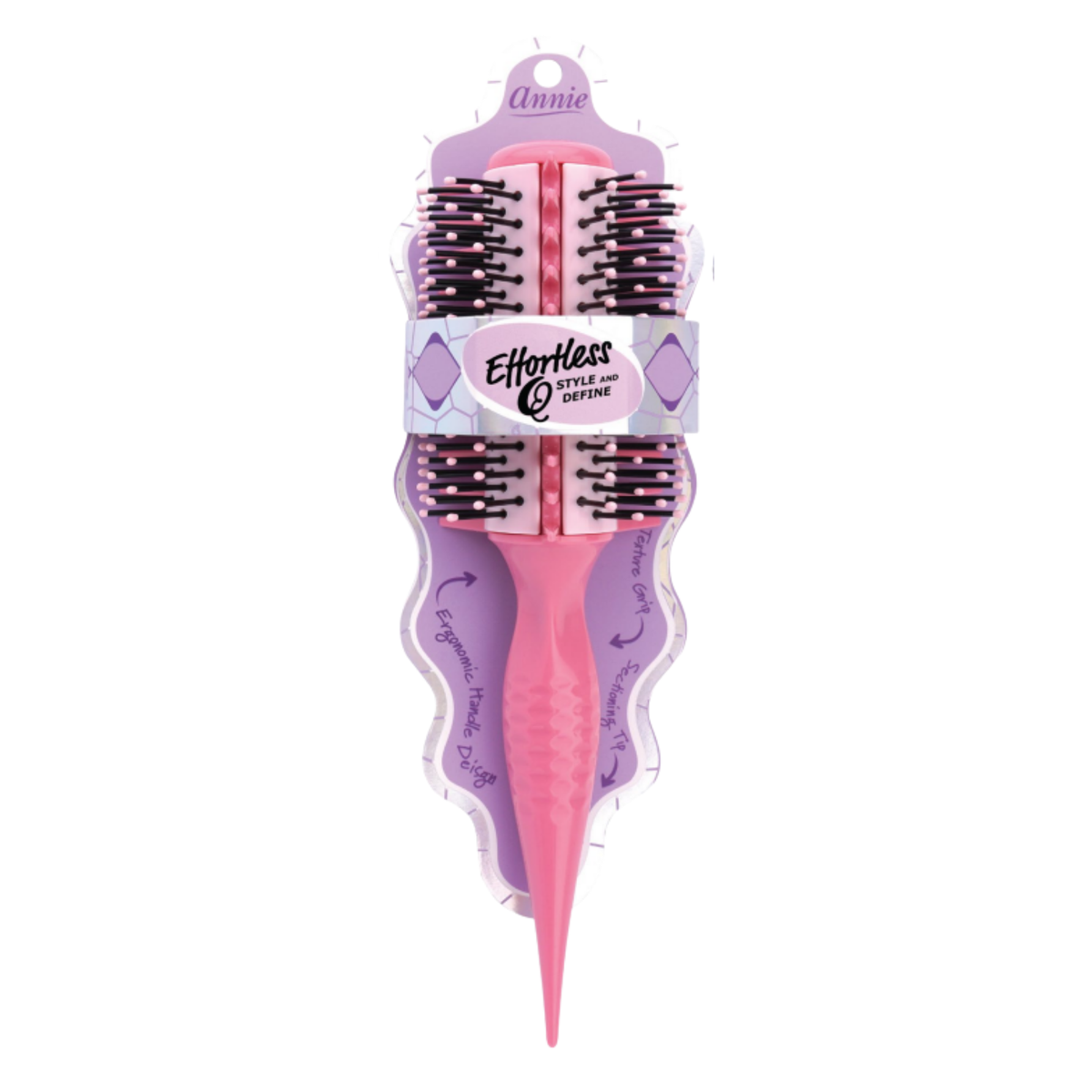 Annie Effortless Q Style & Define Brush Reinforced Bristles, 1 Count, Assorted Colors with a pink ergonomic handle, reinforced nylon bristles with rounded tips for detangling and styling textured hair.