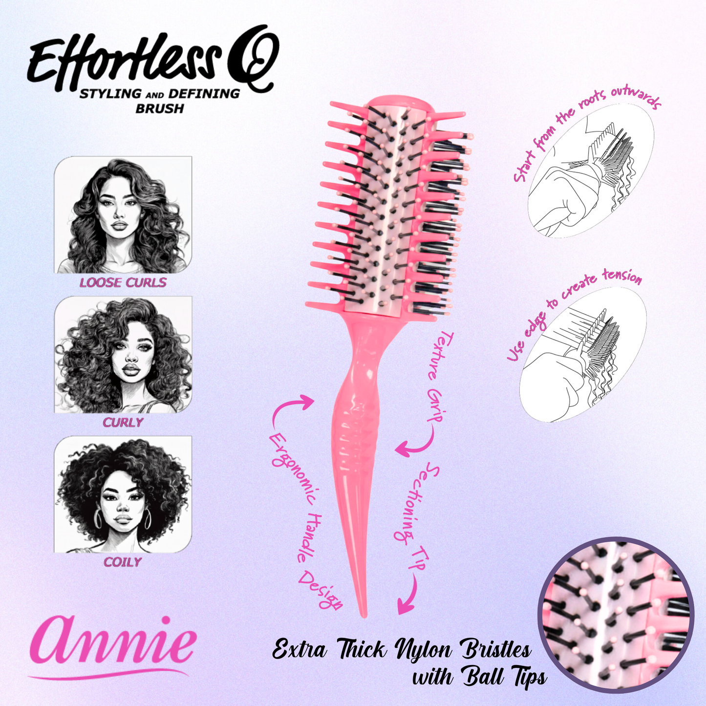 Annie Effortless Q Style & Define Brush Extra Thick Bristles, 1 Count, Assorted Colors