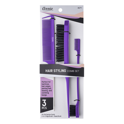 Annie Hair Styling Comb Set, 3 Count, Assorted Colors