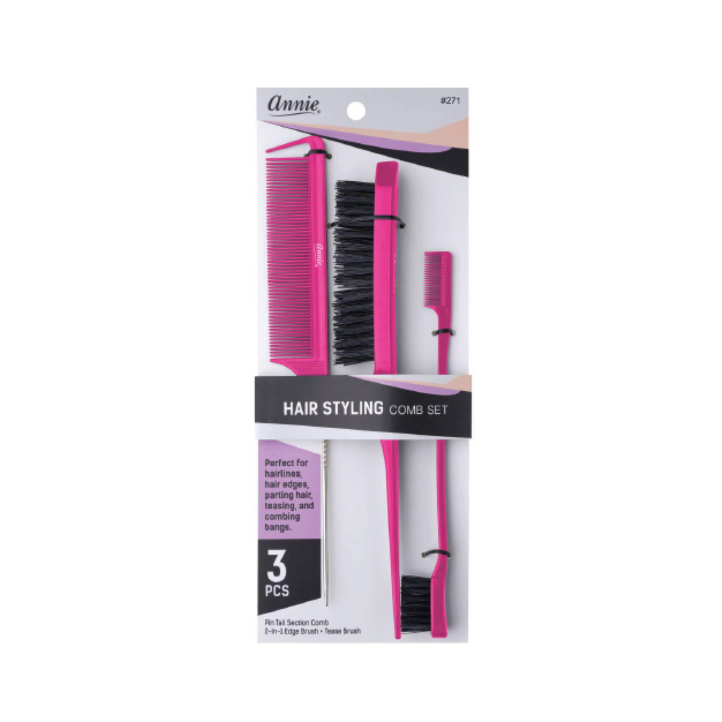 Annie Hair Styling Comb Set, 3 Count, Assorted Colors