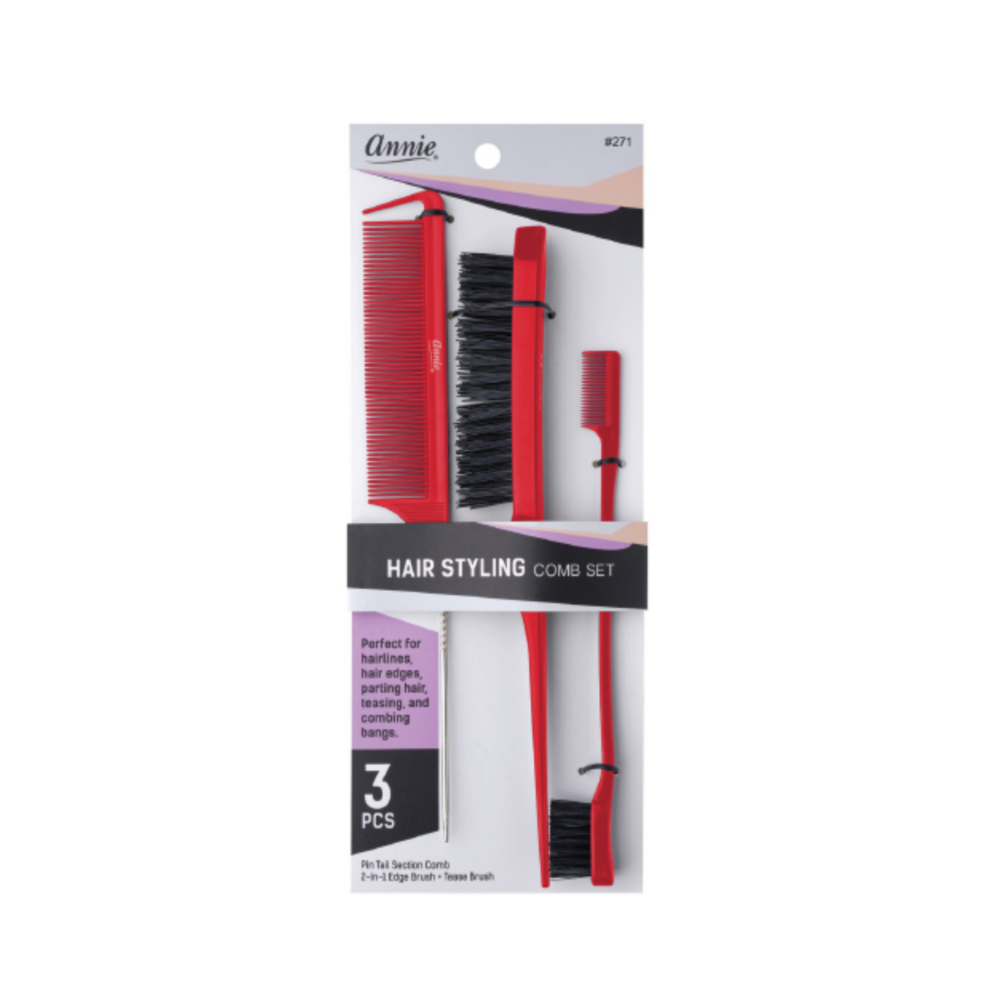 Annie Hair Styling Comb Set, 3 Count, Assorted Colors
