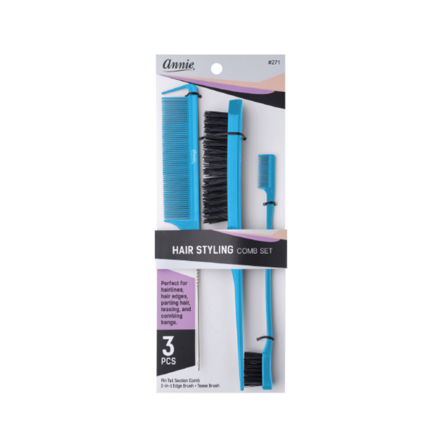 Annie Hair Styling Comb Set, 3 Count, Assorted Colors
